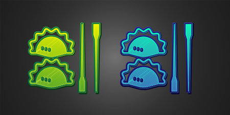 Green and blue Dumpling with chopsticks icon isolated on black background. Traditional chinese dish. Vectorのイラスト素材