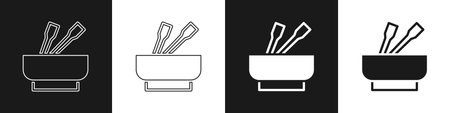 Set Asian noodles in bowl and chopsticks icon isolated on black and white background. Street fast food. Korean, Japanese, Chinese food. Vectorのイラスト素材