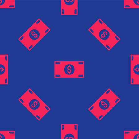Red Stacks paper money cash icon isolated seamless pattern on blue background. Money banknotes stacks. Bill currency. Vectorのイラスト素材