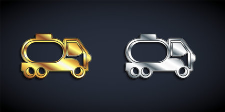 Gold and silver Tanker truck icon isolated on black background. Petroleum tanker, petrol truck, cistern, oil trailer. Long shadow style. Vectorのイラスト素材