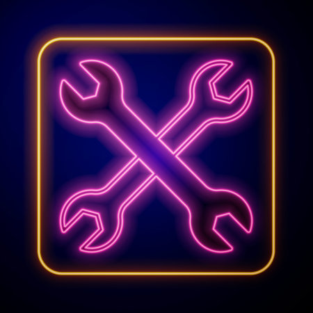 Glowing neon Wrench spanner icon isolated on black background. Spanner repair tool. Service tool symbol. Vectorのイラスト素材