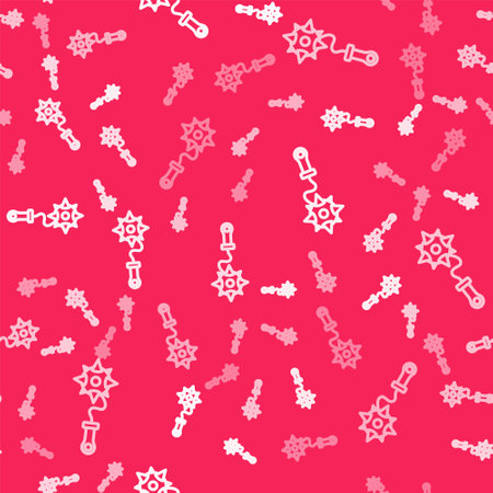 White line Medieval chained mace ball icon isolated seamless pattern on red background. Morgenstern medieval weapon or mace with spikes. Vectorのイラスト素材