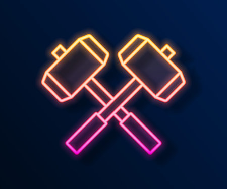 Glowing neon line Medieval crossed battle hammers icon isolated on black background. Vectorのイラスト素材
