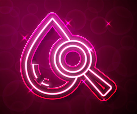 Glowing neon line Drop and magnifying glass icon isolated on red background. Vectorのイラスト素材