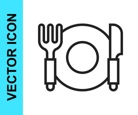 Black line Plate, fork and knife icon isolated on white background. Cutlery symbol. Restaurant sign. Vectorのイラスト素材