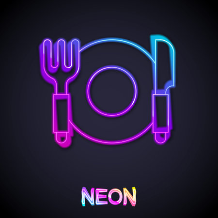 Glowing neon line Plate, fork and knife icon isolated on black background. Cutlery symbol. Restaurant sign. Vectorのイラスト素材