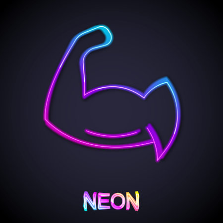 Glowing neon line Bodybuilder showing his muscles icon isolated on black background. Fit fitness strength health hobby concept. Vectorのイラスト素材