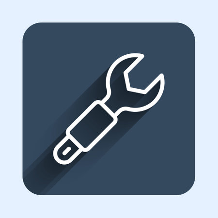 White line Wrench spanner icon isolated with long shadow background. Spanner repair tool. Service tool symbol. Blue square button. Vectorのイラスト素材