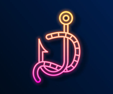Glowing neon line Fishing hook and worm icon isolated on black background. Fishing tackle. Vectorのイラスト素材