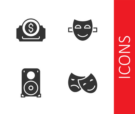 Set Comedy and tragedy masks, Cinema ticket, Stereo speaker and theatrical icon. Vectorのイラスト素材