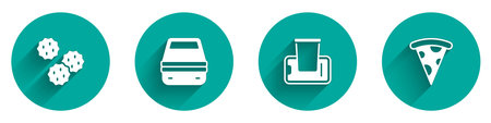 Set Cookie or biscuit, Lunch box, Food ordering on mobile and Slice of pizza icon with long shadow. Vectorのイラスト素材