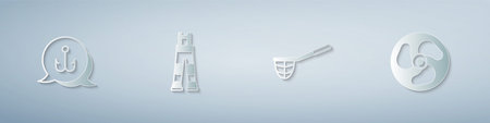Set Fishing hook, Fisherman pants, net and Outboard boat motor. Paper art style. Vector