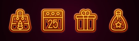 Set line Christmas shopping bag, day calendar, Gift box and Santa Claus gift. Glowing neon icon. Vectorのイラスト素材