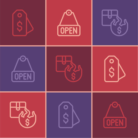 Set line Price tag with dollar, Hot price and Hanging sign text Open icon. Vectorのイラスト素材