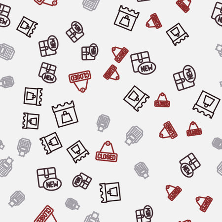Set line Shopping day, New collection, POS terminal and Hanging sign with text Closed on seamless pattern. Vectorのイラスト素材