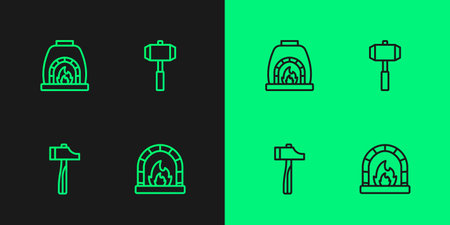Set line Blacksmith oven, Hammer, and Sledgehammer icon. Vectorのイラスト素材