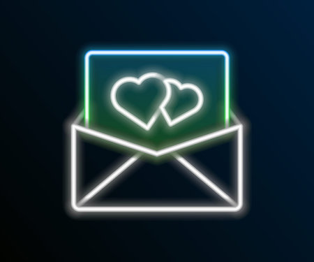 Glowing neon line Envelope with Valentine heart icon isolated on black background. Message love. Letter love and romance. Colorful outline concept. Vectorのイラスト素材