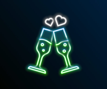 Glowing neon line Glass of champagne icon isolated on black background. Happy Valentines day. Colorful outline concept. Vectorのイラスト素材