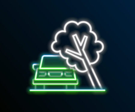Glowing neon line Car damaged by fallen tree icon isolated on black background. Auto insurance case. Car crash with tree, road accident. Colorful outline concept. Vectorのイラスト素材