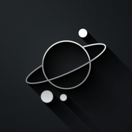 Silver Planet Saturn with planetary ring system icon isolated on black background. Long shadow style. Vectorのイラスト素材