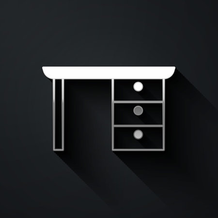 Silver Office desk icon isolated on black background. Long shadow style. Vectorのイラスト素材
