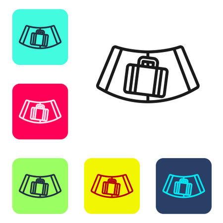 Black line Airport conveyor belt with passenger luggage, suitcase, bag, baggage icon isolated on white background. Set icons in color square buttons. Vectorのイラスト素材