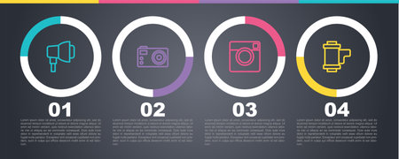 Set line Softbox light, Photo camera, and Camera roll cartridge. Business infographic template. Vectorのイラスト素材