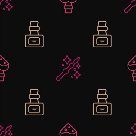 Set line Bottle with potion, and Magic wand on seamless pattern. Vectorのイラスト素材