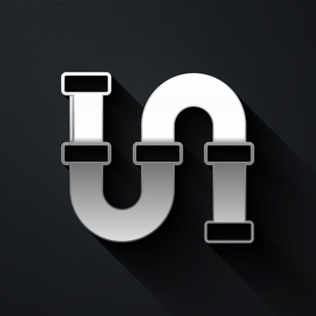 Silver Industry metallic pipe icon isolated on black background. Plumbing pipeline parts of different shapes. Long shadow style. Vectorのイラスト素材