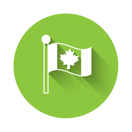 White Flag of Canada icon isolated with long shadow background. North America country flag on flagpole. Green circle button. Vectorのイラスト素材