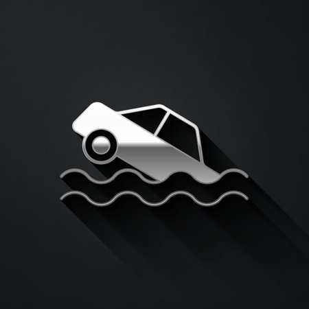 Silver Flood car icon isolated on black background. Insurance concept. Flood disaster concept. Security, safety, protection, protect concept. Long shadow style. Vectorのイラスト素材