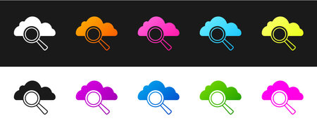 Set Search cloud computing icon isolated on black and white background. Magnifying glass and cloud. Vectorのイラスト素材
