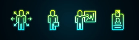 Set line Multitasking manager working, Businessman, Leader of team of executives and Identification badge. Glowing neon icon. Vectorのイラスト素材
