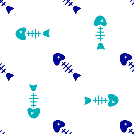 Blue Fish skeleton icon isolated seamless pattern on white background. Fish bone sign. Vector