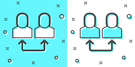 Black line Exchange work icon isolated on green and white background. Information exchange between people. Employee or people Replacement or swap position concept. Random dynamic shapes. Vectorのイラスト素材