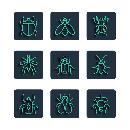Set line Beetle bug, Insect fly, Spider, deer, Mosquito, Mite and Cockroach icon. Vectorのイラスト素材