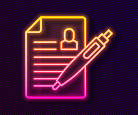Glowing neon line Resume icon isolated on black background. CV application. Searching professional staff. Analyzing personnel resume. Vectorのイラスト素材