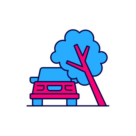 Filled outline Car damaged by fallen tree icon isolated on white background. Auto insurance case. Car crash with tree, road accident. Vectorのイラスト素材