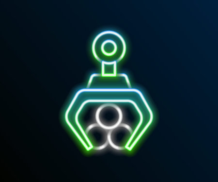Glowing neon line Grapple crane grabbed a log icon isolated on black background. Forest industry. Industrial crane for lumber trunk wood production. Colorful outline concept. Vectorのイラスト素材