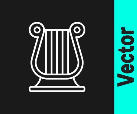 White line Ancient Greek lyre icon isolated on black background. Classical music instrument, orhestra string acoustic element. Vectorのイラスト素材