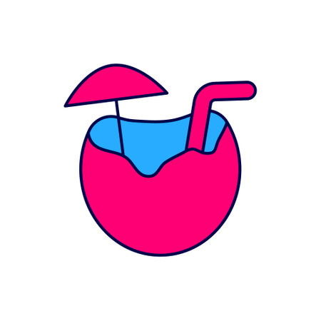 Filled outline Coconut juice exotic fresh cocktail and umbrella icon isolated on white background. Vectorのイラスト素材