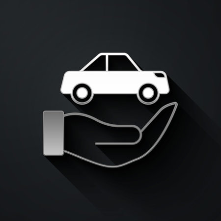 Silver Car insurance icon isolated on black background. Insurance concept. Security, safety, protection, protect concept. Long shadow style. Vectorのイラスト素材
