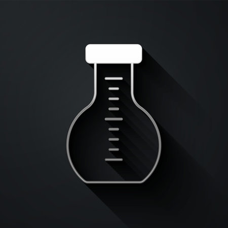 Silver Test tube and flask chemical laboratory test icon isolated on black background. Laboratory glassware sign. Long shadow style. Vectorのイラスト素材