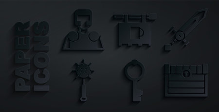 Set Old key, Medieval sword, chained mace ball, Antique treasure chest, Street signboard with Bar and knight icon. Vectorのイラスト素材