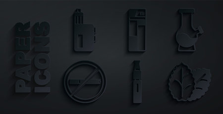 Set Electronic cigarette, Bong, No smoking, Tobacco leaf, Lighter and Vape mod device icon. Vectorのイラスト素材