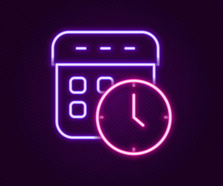 Glowing neon line Calendar and clock icon isolated on black background. Schedule, appointment, organizer, timesheet, time management. Colorful outline concept. Vectorのイラスト素材