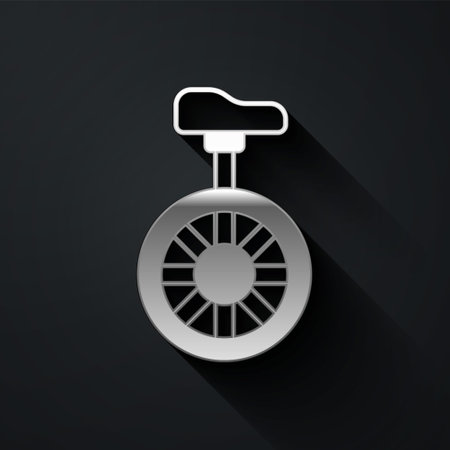Silver Unicycle or one wheel bicycle icon isolated on black background. Monowheel bicycle. Long shadow style. Vectorのイラスト素材