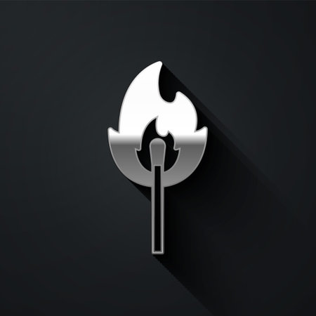 Silver Burning match with fire icon isolated on black background. Match with fire. Matches sign. Long shadow style. Vectorのイラスト素材