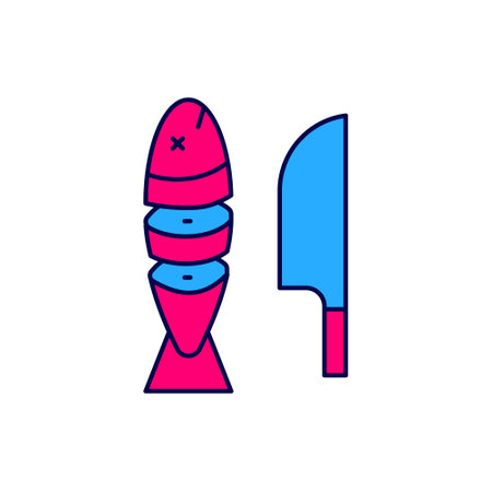 Filled outline Fish with sliced pieces with knife icon isolated on white background. Vectorのイラスト素材