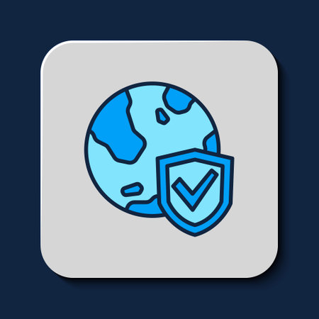 Filled outline Shield with world globe icon isolated on blue background. Insurance concept. Security, safety, protection, privacy concept. Vectorのイラスト素材